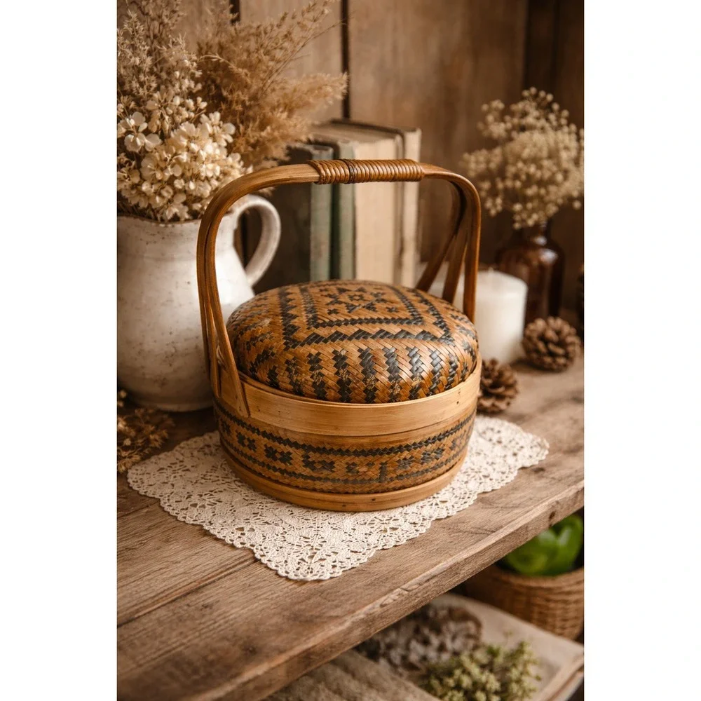 Vintage Handwoven Bamboo Basket with Lid Handle Woven Trinket Sewing Box‎